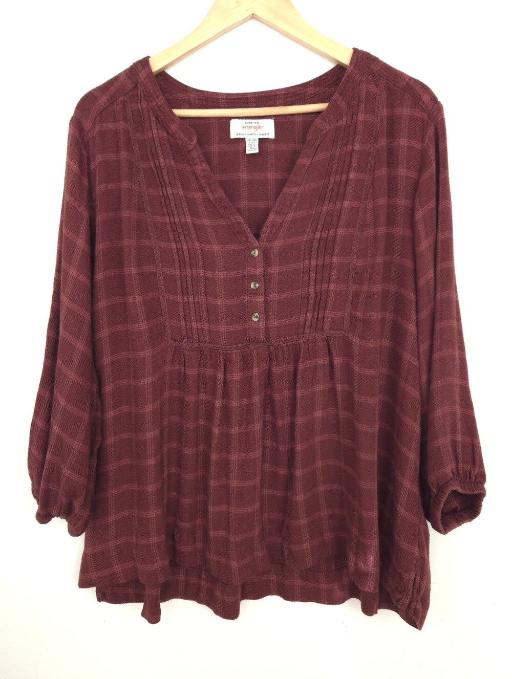 Wrangler Women’s Burgundy Plaid 3/4 Sleeve Peasant Top Blouse XXL